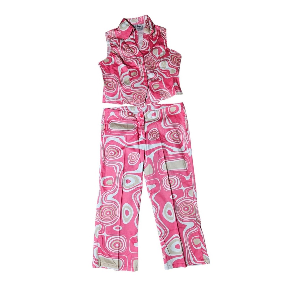 Vtg Judys Fashion Set Pink Swirl Print Vest & Wide Trousers Juniors Size 11
